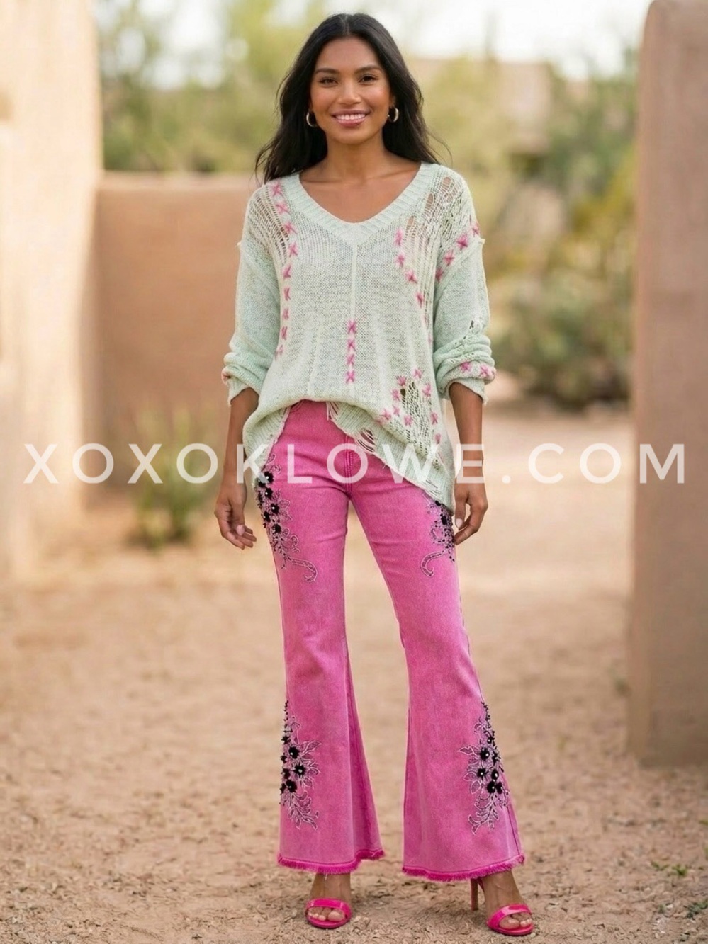 POL Mint Green Open Knit Sweater | Pink Whipstitch Slouchy V Neck Distressed - Picture 7 of 11